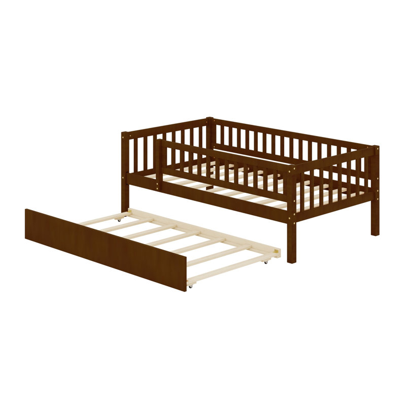 Lit de jour en bois avec couchette et barrière de sécurité, Lit simple, Walnut