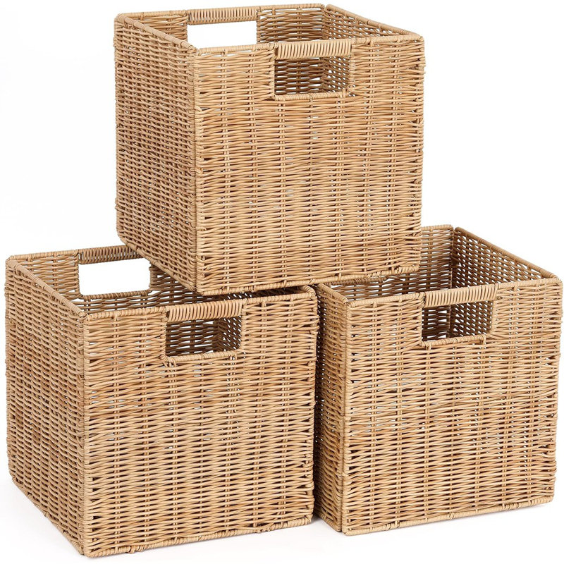 Ensemble de 3 paniers de rangement en plastique et osier pliables | Paniers carrés en rotin pour tablettes | Kaki