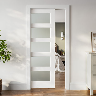 Frosted Glass 5-Lite Sliding Pocket Door White Standard Door with Hardware Kit Set
