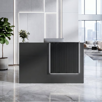 Bureau de réception moderne l 63 po avec éclairage DEL, multiprise, tiroir verrouillable et rangement