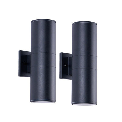 14" Modern Outdoor Wall Sconce Set of 2, Matte Black Cylinder Exterior Porch Light with Up/Down Dual Lighting, Waterproof Aluminum Wall Lantern for Patio & Front Door