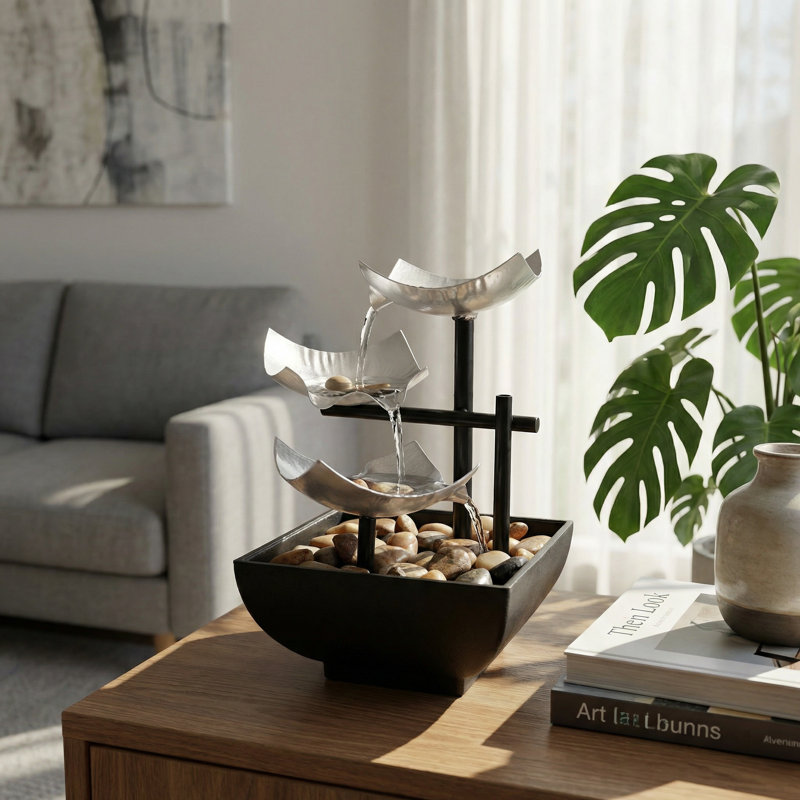 Fontaine de table à trois niveaux en feuille d'argent avec éclairage DEL, alimenté par USB, Argent