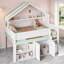 Lit mezzanine double avec auvent, rangement et structure en bois de pin durable en blanc et vert