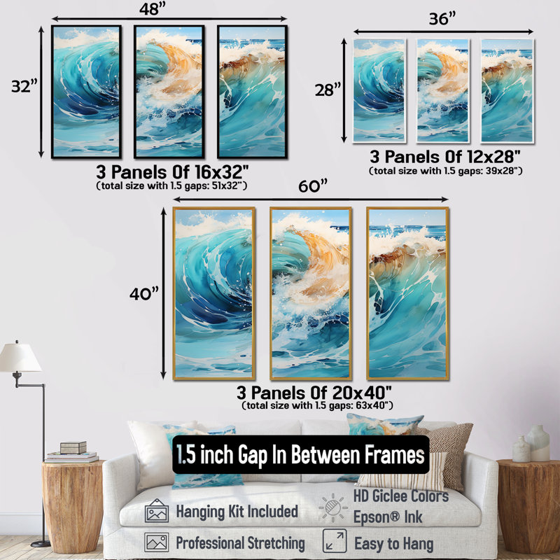 «Tropical Beach Waves Fusion I», ensemble de reproduction d'art mural plage, Cadre flottant blanc, H 32 po x l 48 po x P 1 po