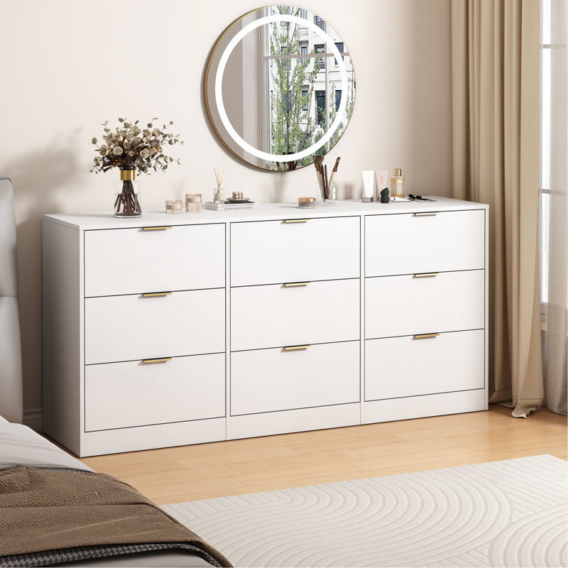 Commode 9 tiroirs, grande commode profonde de 63 po, commode en bois avec 9 tiroirs pour la chambre à coucher, commodes longues pour le salon, couloir