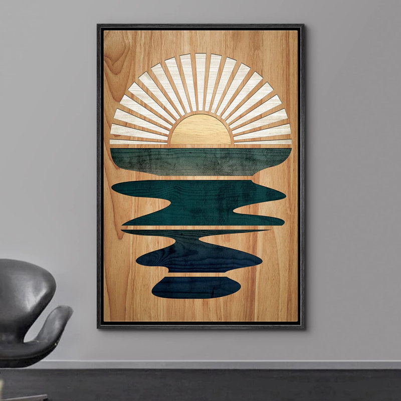«Western Wood Effect Landscape Shining Sun Over Ocean Sea Nature Modern Art Southwest Wall Art Room», reproduction d'art sur toile