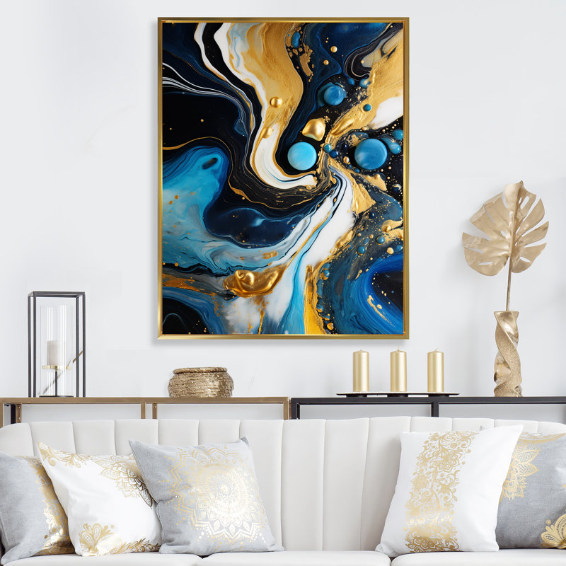 Abstrait liquide encre de sérénade de tourbillons I - art abstrait mural encre liquide, Cadre flottant doré, 44" H x 34" W