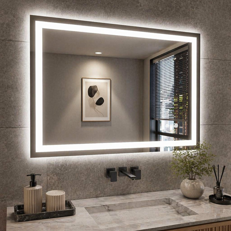 Miroir de salle de bain 48 po x 36 po à DEL sans cadre avec éclairage à intensité variable et fonction antibuée, conception intelligente et sécuritaire