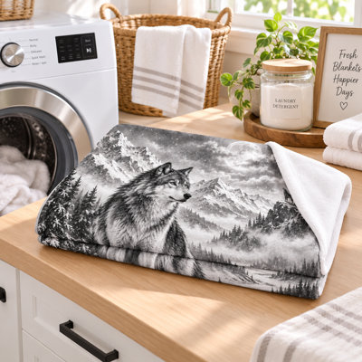 Winter Wolf Blanket, Black and White Flannel Throw with Full Moon, Snowy Mountains and Pine Forest Artwork for Sofa, Bed, Chair and Cabin Retreats, 60 x 80 in