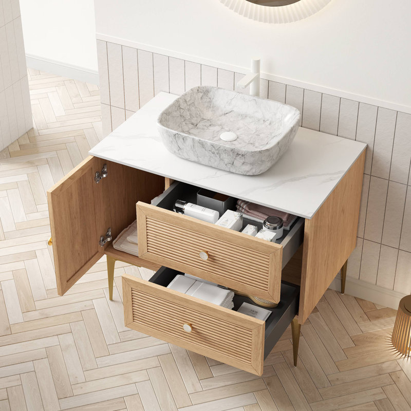 Meuble-lavabo de 36 po avec lavabo, armoire de rangement autoportante en contreplaqué avec pieds, 1 porte et 2 tiroirs, comptoir en pierre frittée Carrara et lavabo rectangulaire en céramique à motif marbré, pré-assemblé