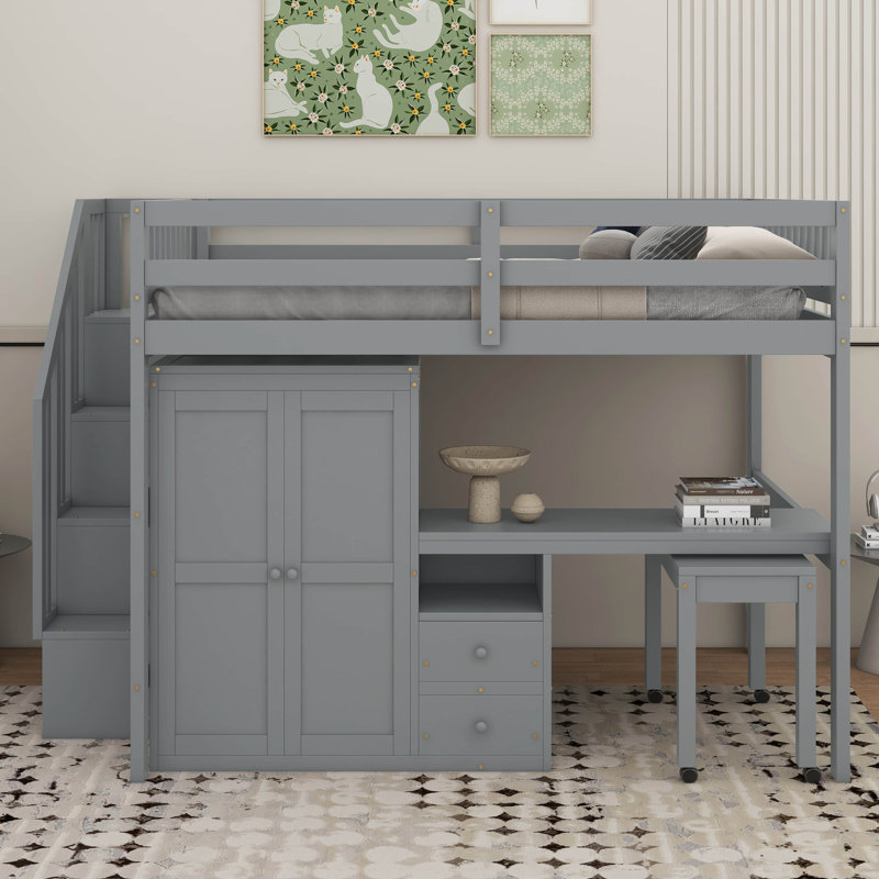 Lit mezzanine double avec tiroirs, bureau et garde-robe, Gris