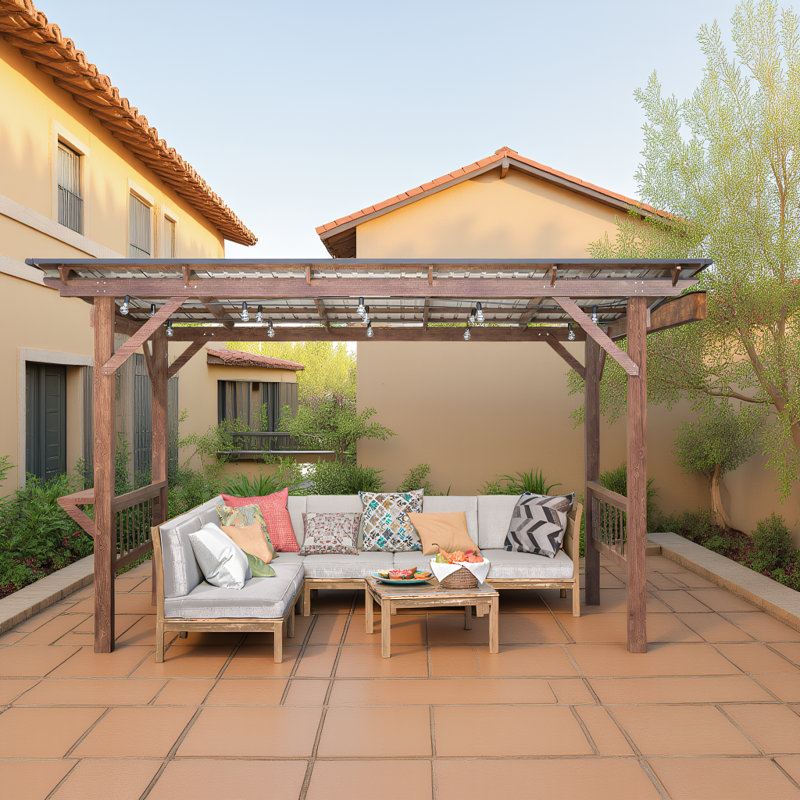 Metal Roof Wooden Pergola Grill Gazebo with Bar Counters & Bulbs, 13' x 6.5'