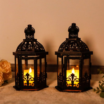 Set of 2 Vintage Decorative Lanterns 9.5" H Hanging Lantern Metal (Black)