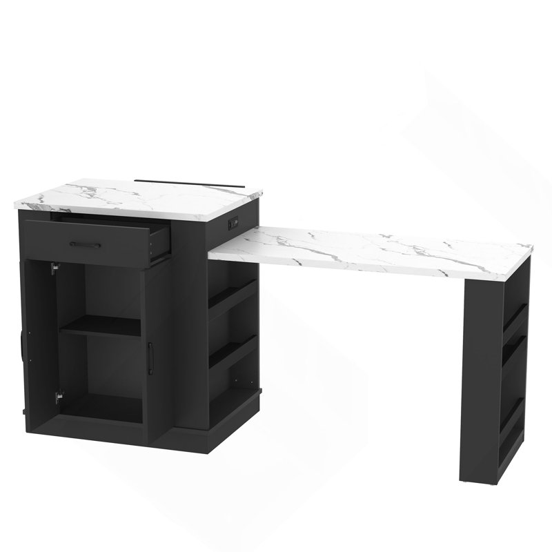 Extendable island console with drawers, double-door cabinet, and open shelving. Serves as dining table, temporary breakfast bar, and afternoon tea lounge