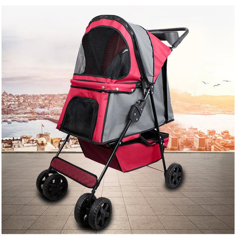 Foldable Pet Stroller, Gray/Red