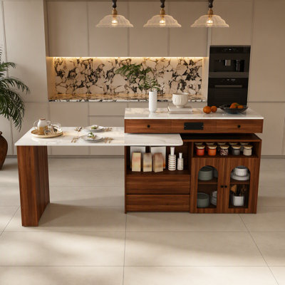 Kitchen Island with Extendable and Rotating Table, Walnut Veneer, and Storage