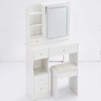 Petit meuble-lavabo de 29,2 po avec tiroir à gauche + tabouret rembourré, 2 blocs d'alimentation CA + 2 ports USB, support pour séchoir à cheveux, très grand miroir à DEL coulissant à contrôle tactile, changement de luminosité tricolore, réglage de la luminosité