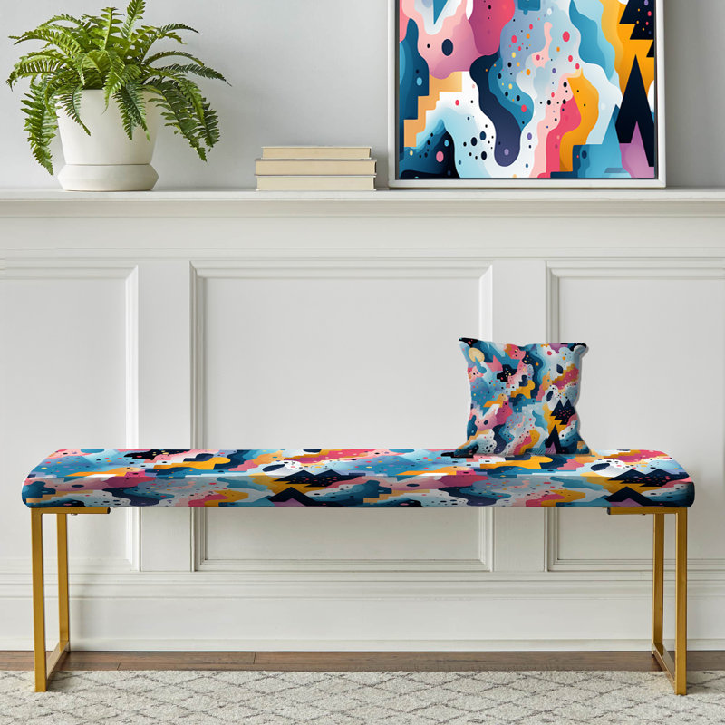 Banc rembourré bleu Fusion Abstractions In Motion - Mid-Century, Blue/Yellow Dot and Wave Dance Harmony Geometric
