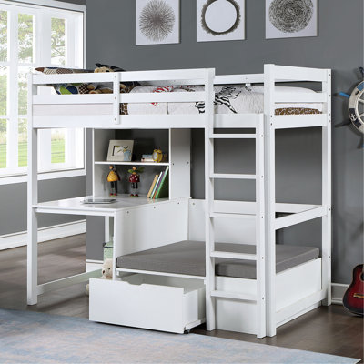 Lit mezzanine simple au-dessus d'un poste de travail moderne avec boîte de rangement attachée et bibliothèque, gris chaud