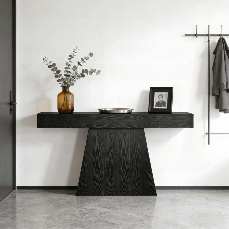 Table de canapé avec base géométrique et détails en grain de bois - noir, 63 po