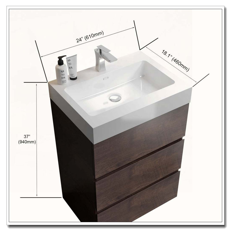 Meuble-lavabo autoportant avec lavabo intégré pré-assemblé sans poignée, Noyer, 24"