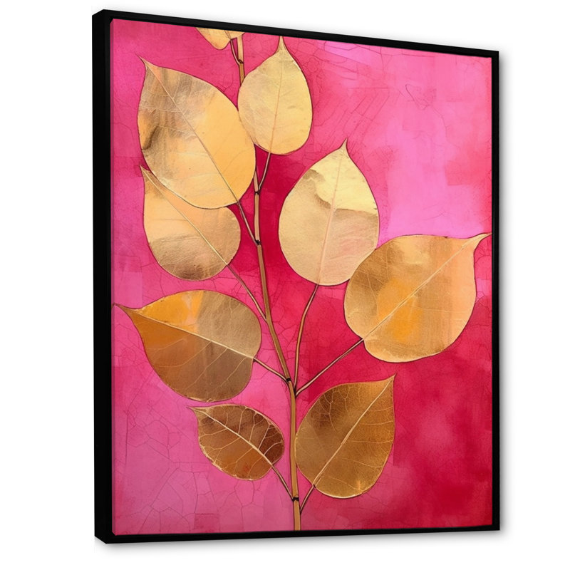 Harmony II feuilles roses et or, H 32 po x l 24 po x P 1 po, Cadre flottant noir