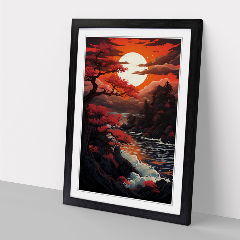 Japanese Sunset Symbolism - Framed Print, Black , 46cm H x 34cm W x 2cm D