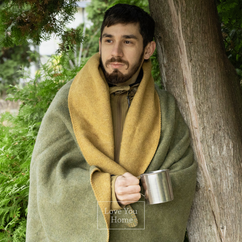 LoveYouHome Blanket, Olivegreen/Mustard, 130 cm W x 170 cm L