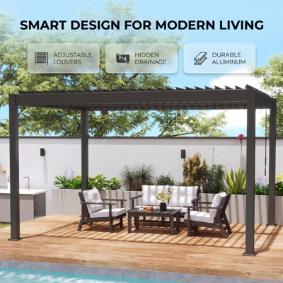 13' x 10' Louvered Pergola, Aluminum Hardtop Outdoor Gazebo with Adjustable Roof & Hidden Drainage System for Patio, Deck, Garden and Backyard