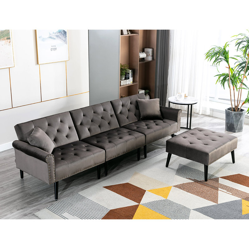Giancontieri  Velvet Sofa Couch and Ottoman - Mid-Century Futon Sofa Bed with Sleeper, Gray