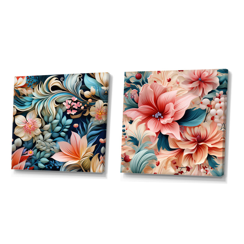 Ensemble de 2 fleurs bleues et roses à motif cachemire motif floral II, Toile tendue, H 16 po x l 33 po x P 1 po