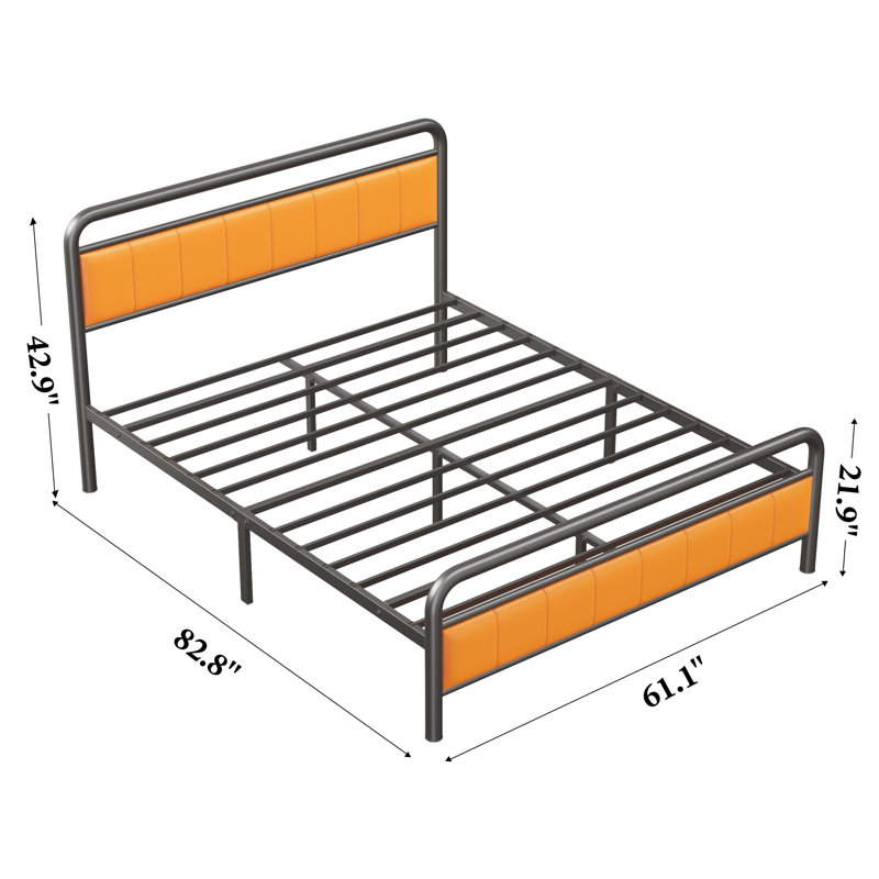 Structure de lit avec tête de lit tapissier, lit plateforme en métal, Orange, Grand