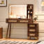 Meuble-lavabo de 47 po avec miroir, lumières, 5 tiroirs, tablette de rangement, design rotin, noyer foncé | Idée de cadeau