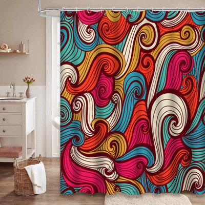 Waterproof Colorful Doodle Abstract Waves Shower Curtain with 12 Hooks