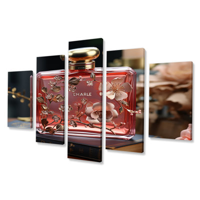 Bouteille de parfum rétro avec fleurs en fleurs III - décoration murale parfums - 5 panneaux