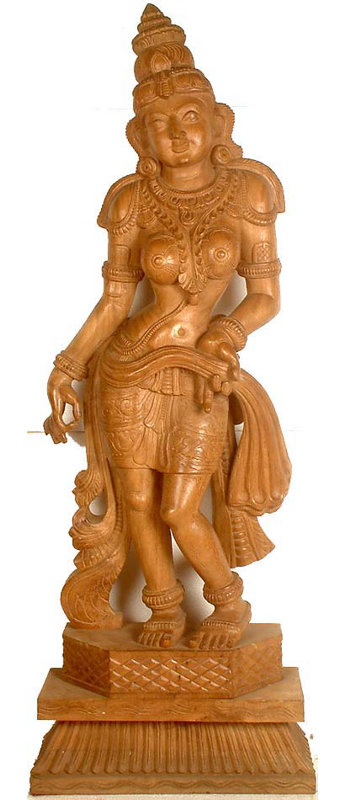 South Indian Temple Wood Carved Standing Nymph Statue, 44 in. Tall     Mythological Devotional Sculpture for Home Altar & Living Room