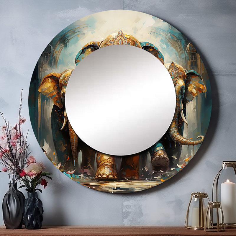 Semion Asian Art, éléphants thaïlandais X - miroir décoratif d'art asiatique, miroir mural rond gris, 23 po x 23 po