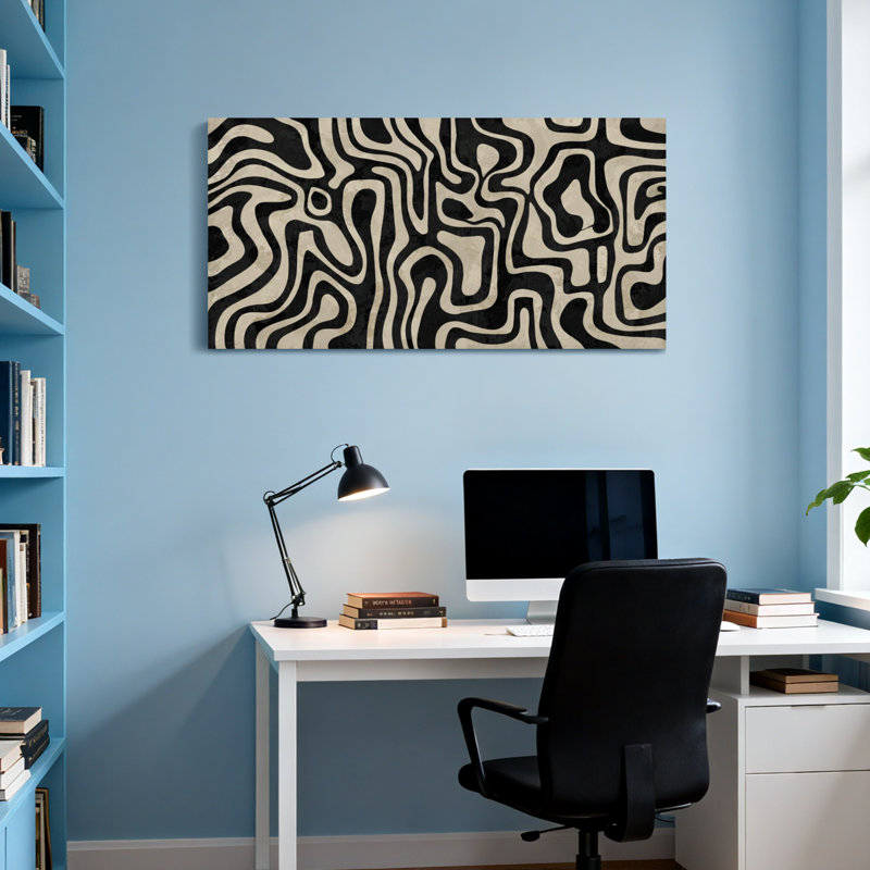 Motif de lignes ondulées noires et blanches à la mode, H 20 po x l 40 po