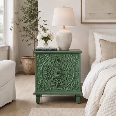 Table de chevet en bois sculpté avec 3 tiroirs pour chambre à coucher, salon Farmhouse