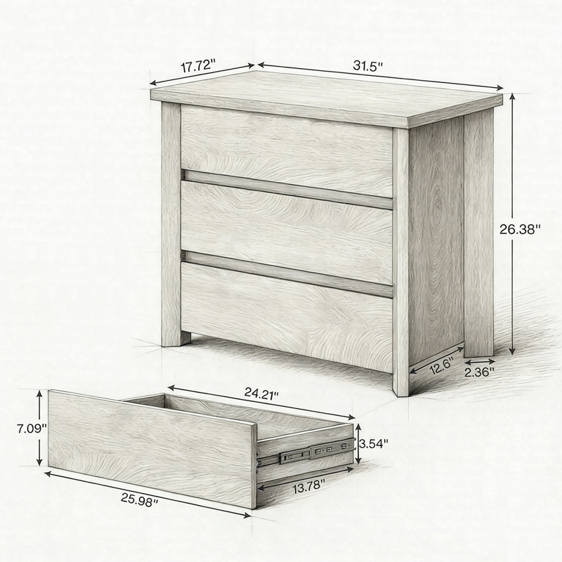 31.5" Wide Nightstand, Farmhouse Bedside Table With 3 Drawers