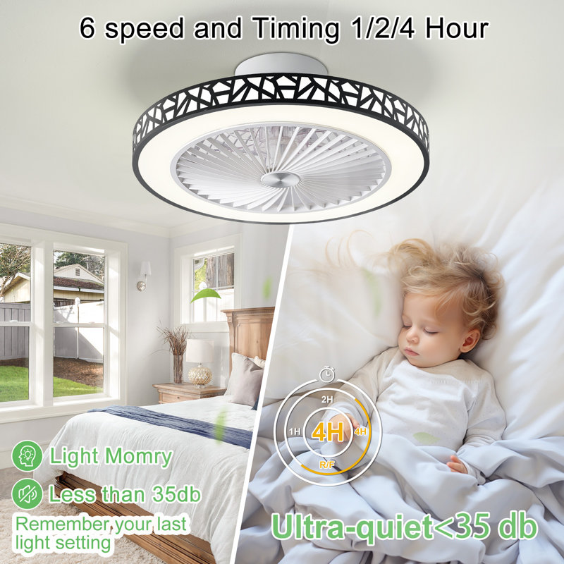Mordern Bladeless Ceiling Fans with Lights, 6 Speeds  LED Ceiling Fan Lights for Bedroom, Black