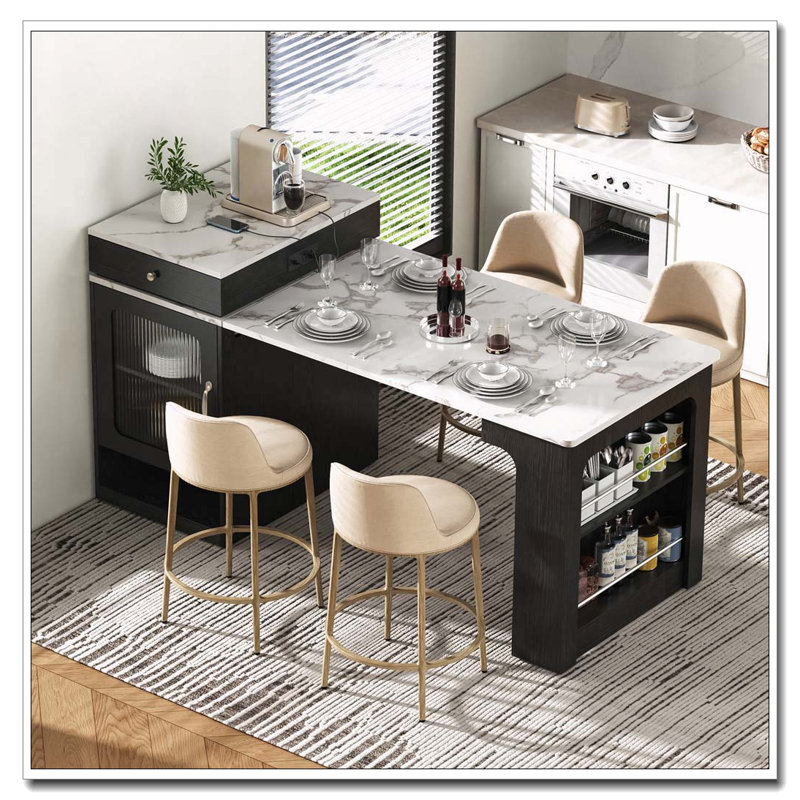 59.5"Kitchen Island With Extendable Dining Table, Kitchen Storage Table With Double-Sided Storage, Kitchen Island With 2 Drawers, Power Outlet, Side Open Shelves, For Kitchen