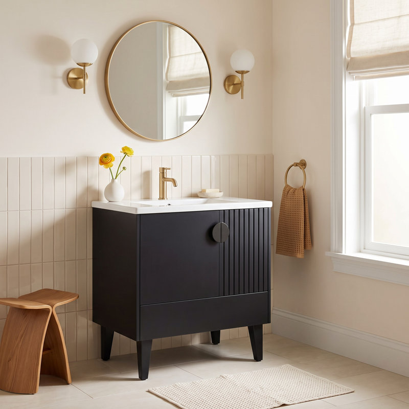 Saimah 30'' Single Bathroom Vanity with Ceramic Top, Black, Black