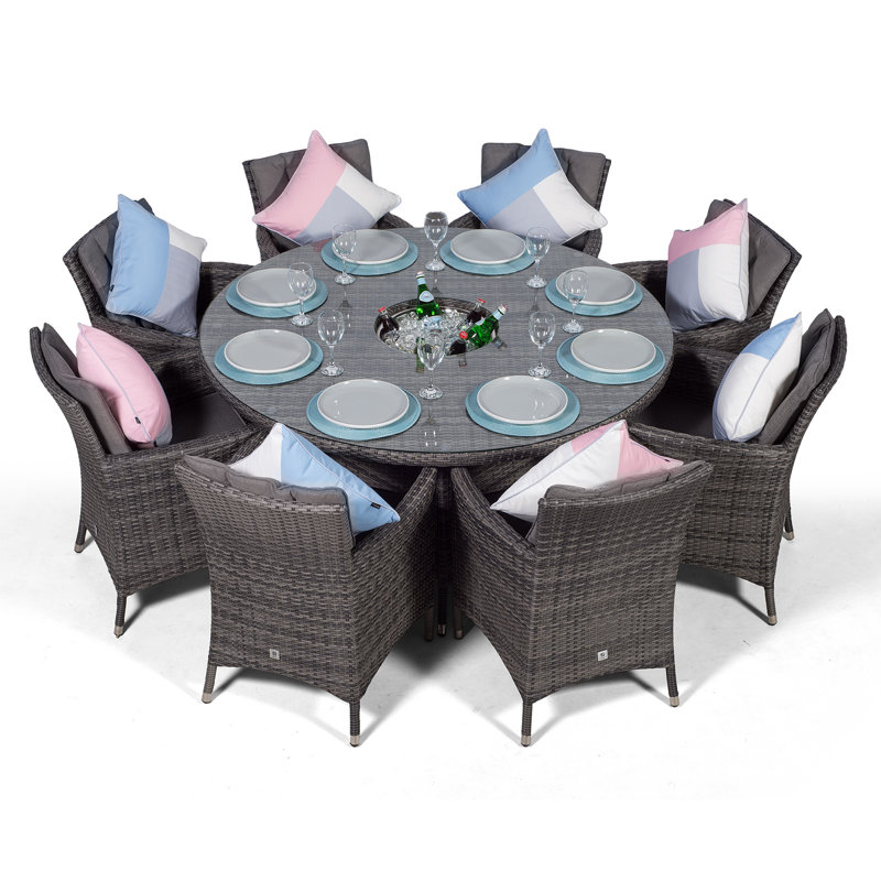 Karcher 8 - Person Wicker Patio Dining Set with Round Table , Cushions Included, Grey