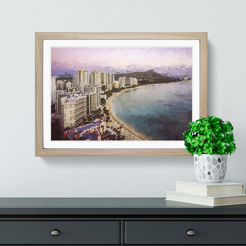 Dusk View of Waikiki Beach - Picture Frame Graphic Art Print, 48cm H x 65cm W x 2cm D, Oak Framed