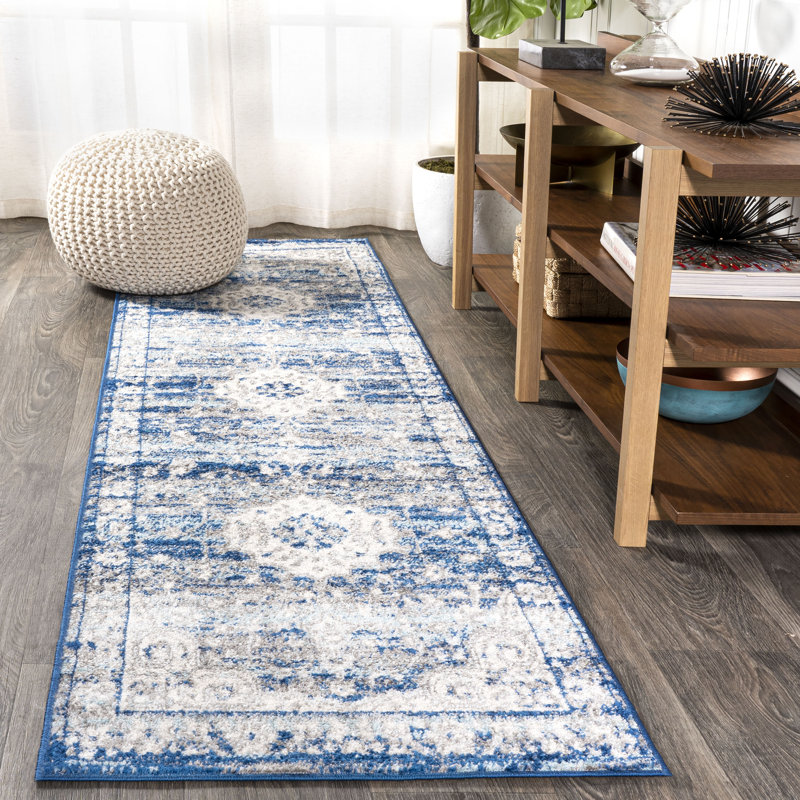 Marzo Ornate Bohemian Medallion Blue/Dark Gray Rug, Runner 2'3" x 8'