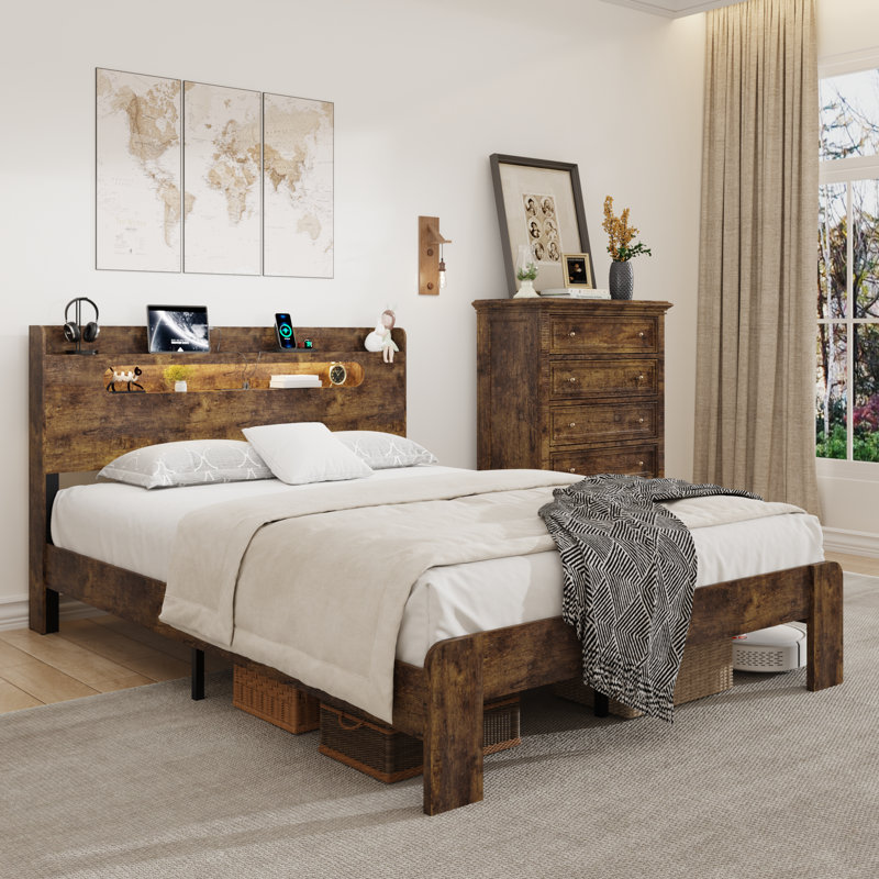 Farmhouse Wooden Bed Frame with Storage Headboard, Wood Platform Bed Frame with Charging Station & LED Lights, Full, Brown