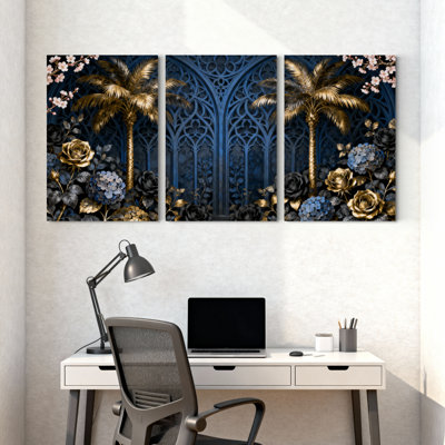 Plantes et fleurs, arche gothique bleu foncé avec palmiers dorés et fleurs, ensemble de 3 impressions sur toile