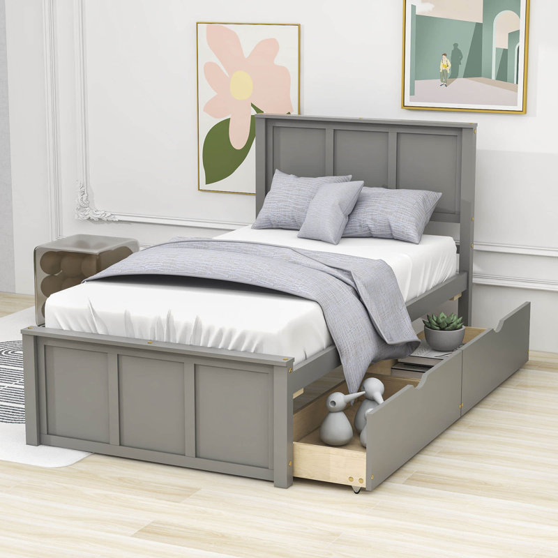 Elarna Twin Size Wood Platform Bed with 2 Drawers, Gray