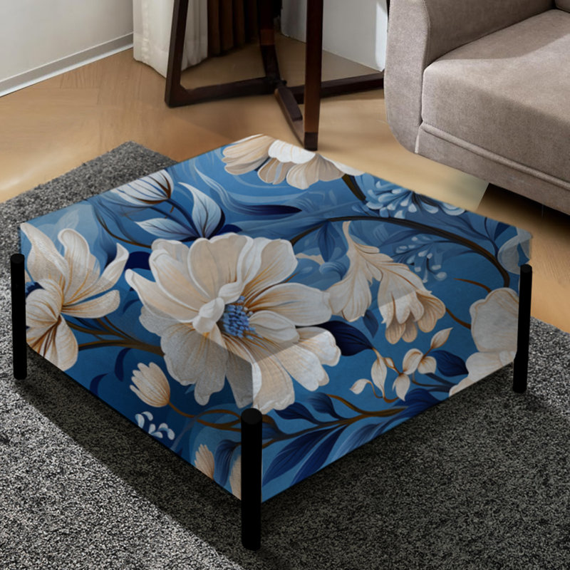 Motif de pivoines bleues et blanches enchantées II - grand repose-pieds carré floral